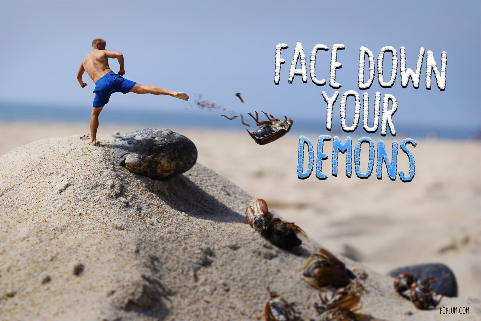 Are you ready to face down your Demons? Motivational quote. Surreal Photo Manipulation. Motivational-Quote-Man-fighting-bugs-in-the-beach-surreal-photo-manipulation-photoshop-funny-art