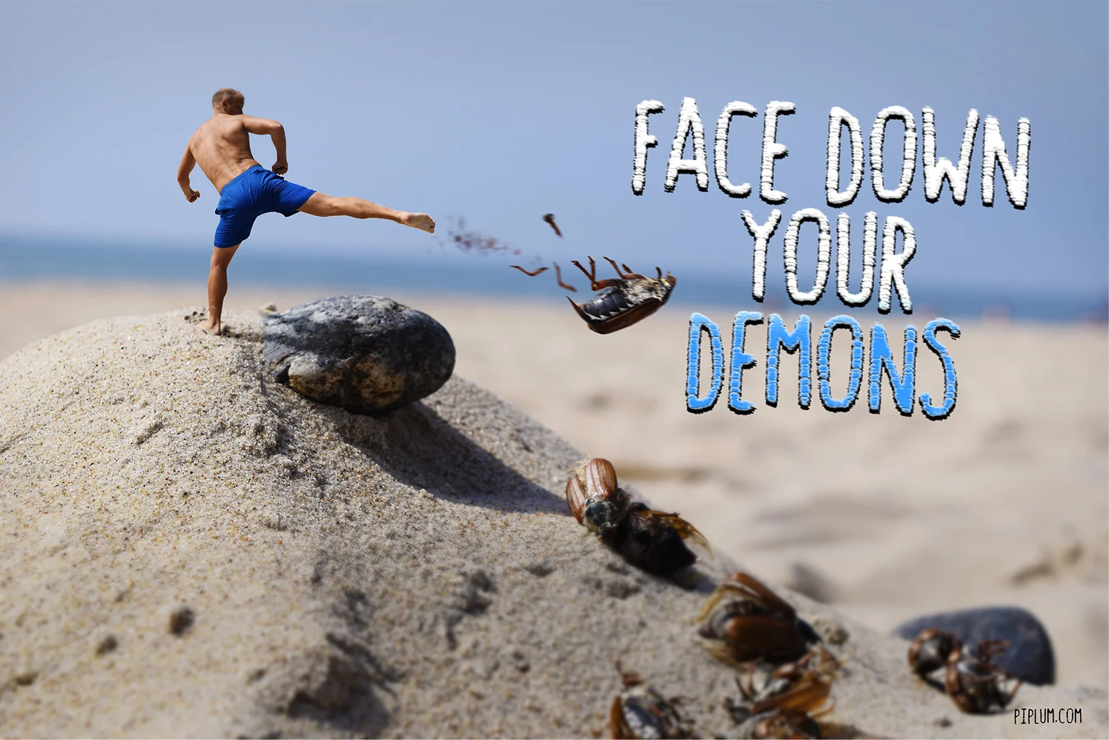 Are you ready to face down your Demons? Motivational quote. Surreal Photo Manipulation. Motivational-Quote-Man-fighting-bugs-in-the-beach-surreal-photo-manipulation-photoshop-funny-art