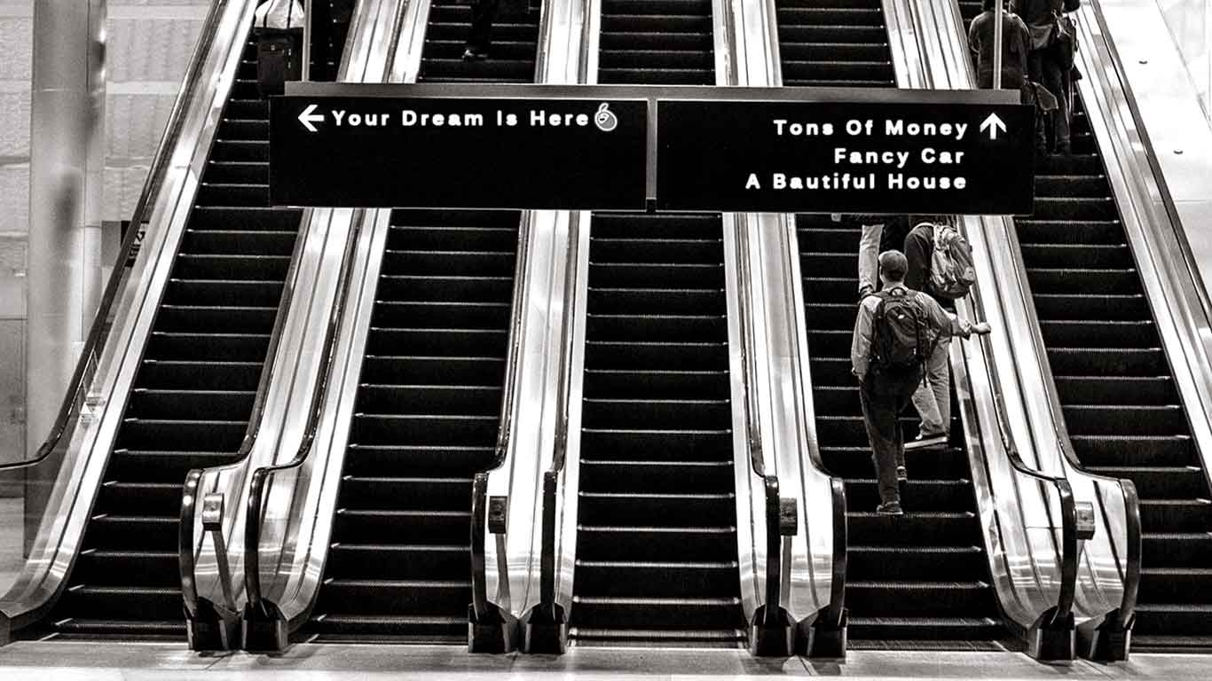 Stairs of your dreams. Your dream is here. You choose your life's path. Motivational quote. Motivational-quote-Stairs-in-the-airport-showing-different-paths-of-life-inspiration