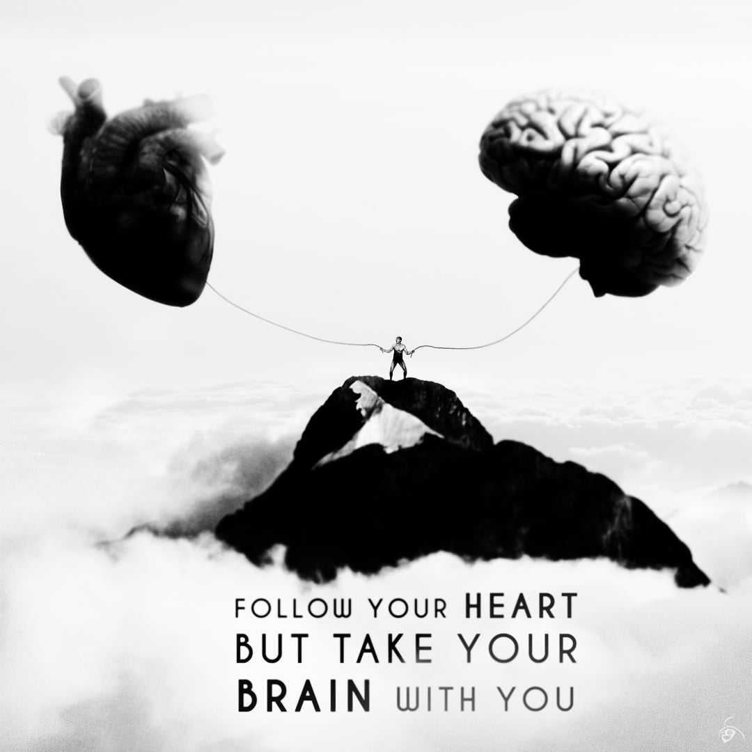 Heart and Brain Surreal-Man-with-both-hands-holding-brain-and-heart-He-is-standing-on-a-peak-in-the-sky-Motivational-quote.
