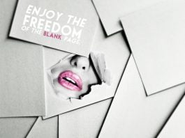 Women lips under peeled paper. Motivational quote. Freedom of the blank page.