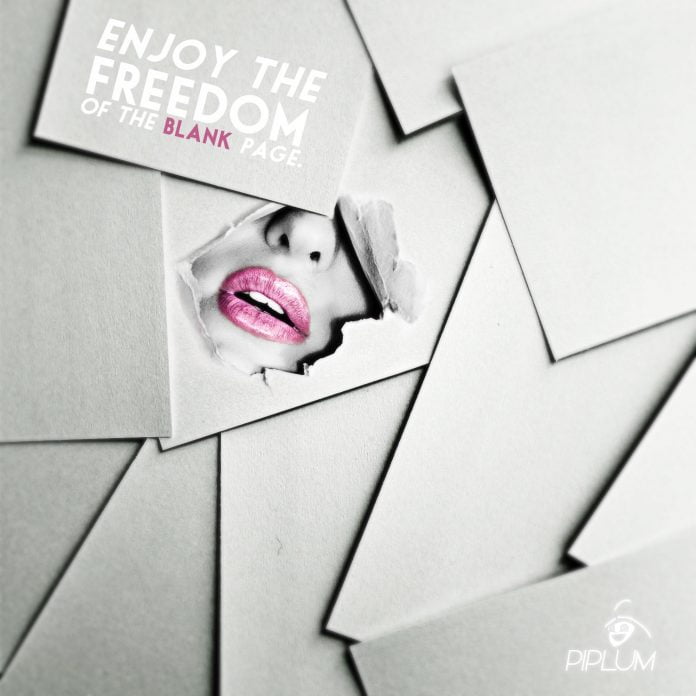 enjoy the freedom of the blank page. Surreal photography. Women lips under peeled paper. Motivational quote. Freedom of the blank page.