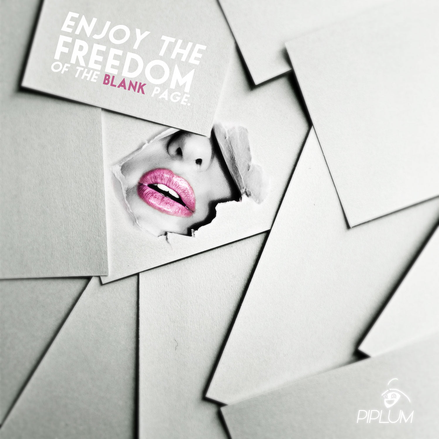 enjoy the freedom of the blank page. Surreal photography. Women lips under peeled paper. Motivational quote. Freedom of the blank page.