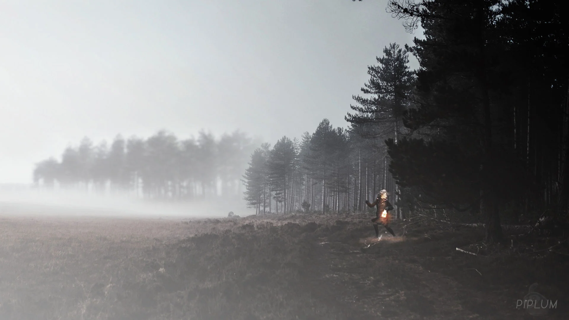 Trying to escape magical forest. monsters-in-palanga-photo-manipulation-surreal-world-forest-mist-fog-run-lantern