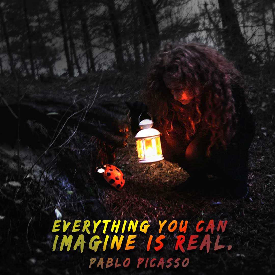 Redhead girl found gigantic ladybug in the magical forest. Motivational quote.
