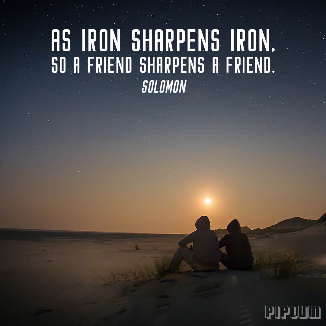 Friendship quote. 2 friends with the hoods sitting on the beach and watching sunset.