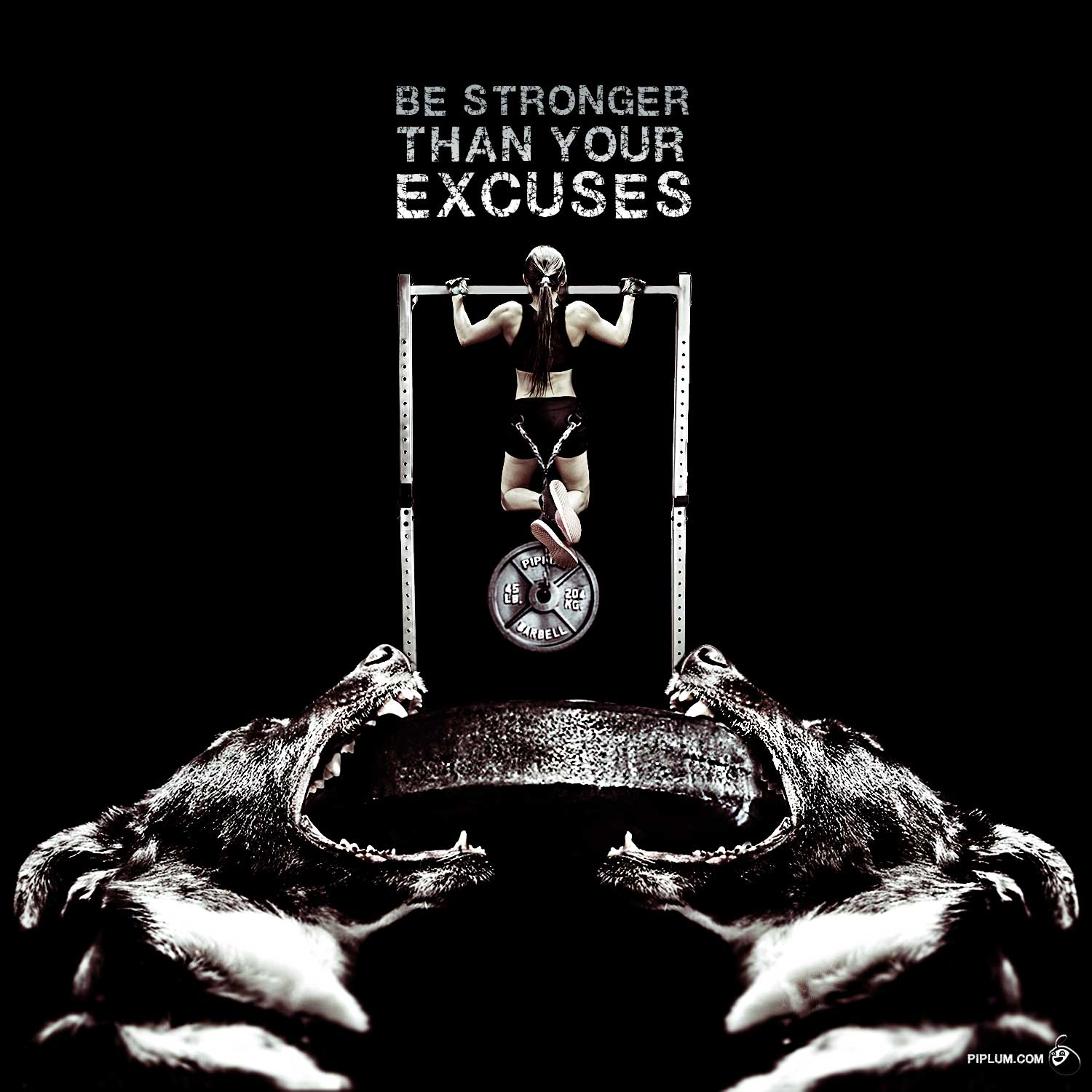 Be Stronger With No Excuses. Inspirational Quote. Be-stronger-than-your-excuses-motivational-quote-Girl-doing-pull-ups-above-angry-dogs