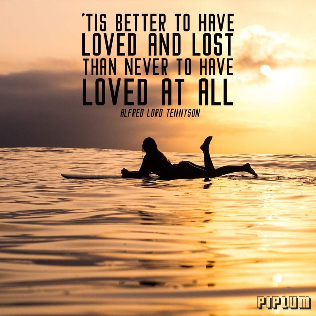 Break up Quote. Woman relaxing on the surfboard. Sunset in the horizon.