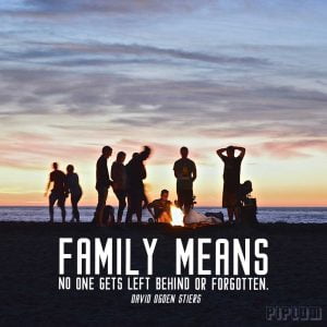 inspirational-Family Quote. Family and friends sets fire in the beach. Beautiful sunset in the horizon.