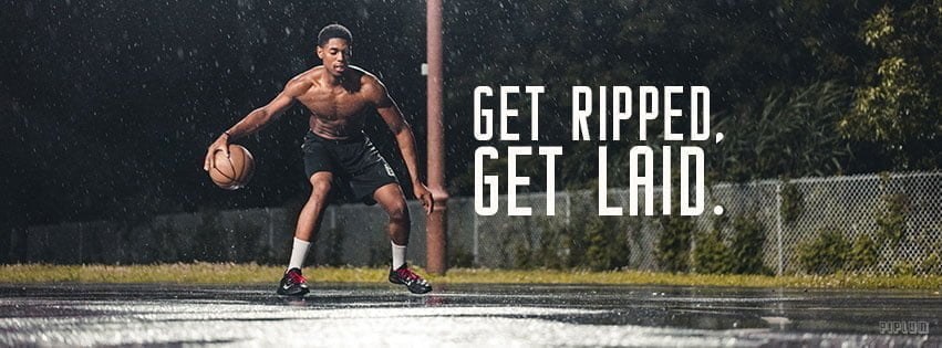 Workout quote. Black guy playing basketball outdoors in the rain.