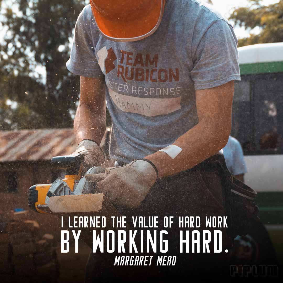 Work quote. Man working with saw in Africa. Helping people.