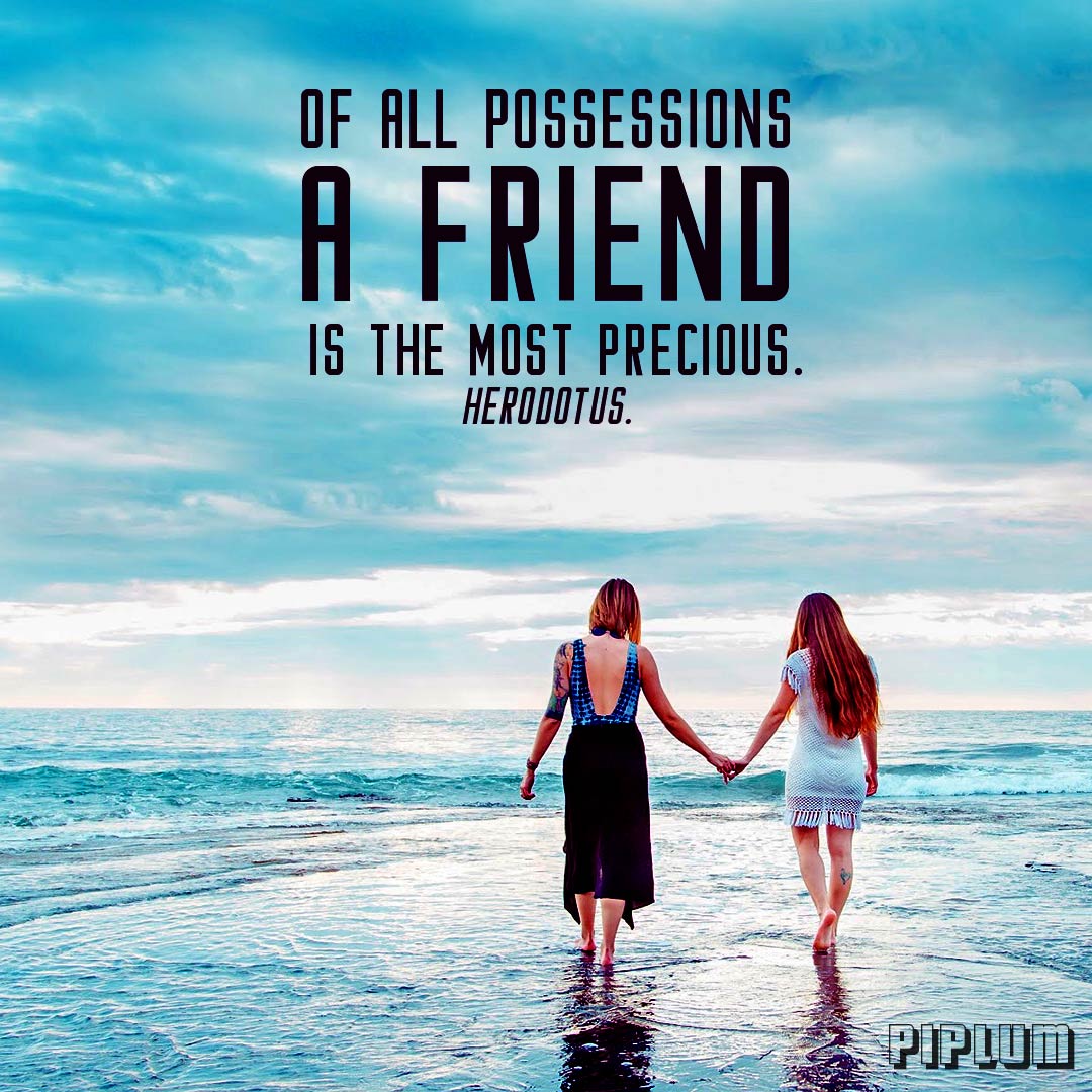 Friendship quote. 2 girlfriends walking on blue and shinny beach and holding their hands.