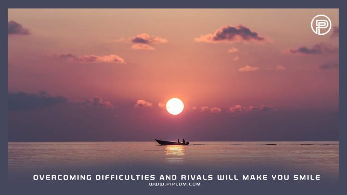 Overcoming difficulties and rivals will make you smile. Motivational quote. sunset-beach-ocean-Overcoming-difficulties-and-rivals-will-make-you-smile-motivational-quote