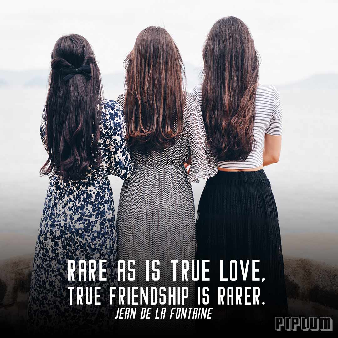 Friendship Quote. 3 girlfriends with long hair and long dresses standing and holding each other.