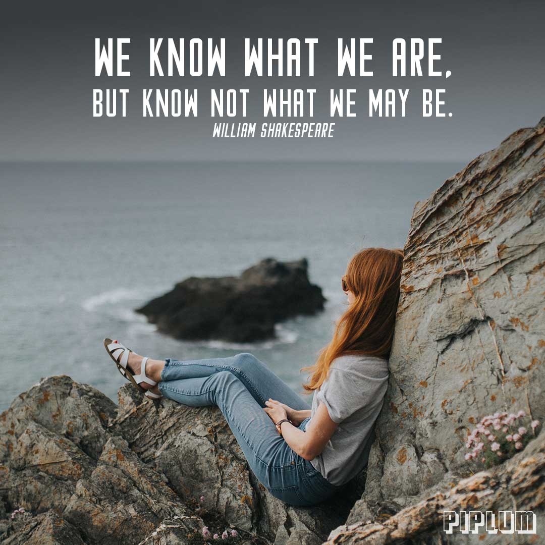 Inspirational Quote. Redhead women sitting on the rocks and looking towards ocean.
