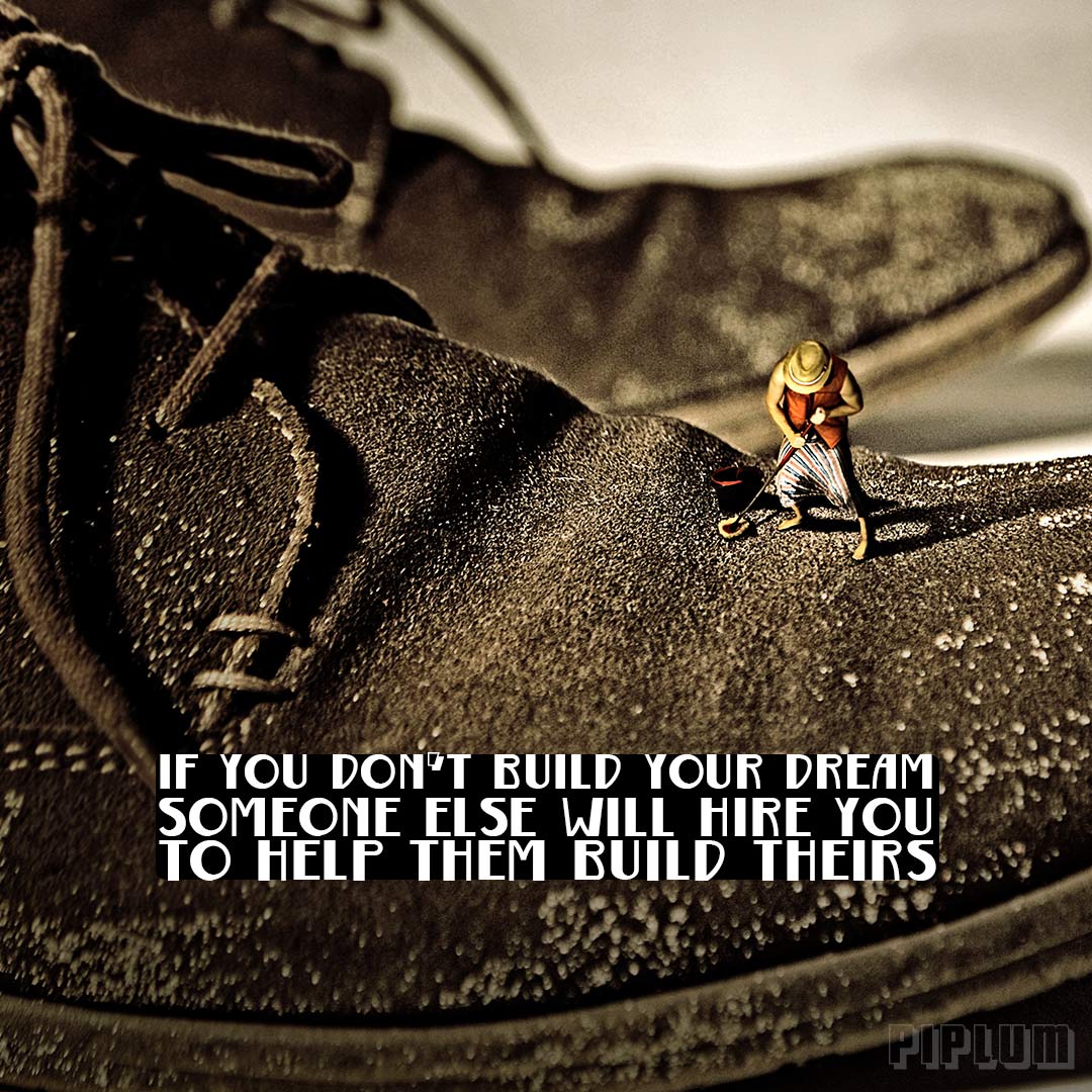 Work quote. miniature man cleaning his boss shoes. Surreal photography. Photo manipulation