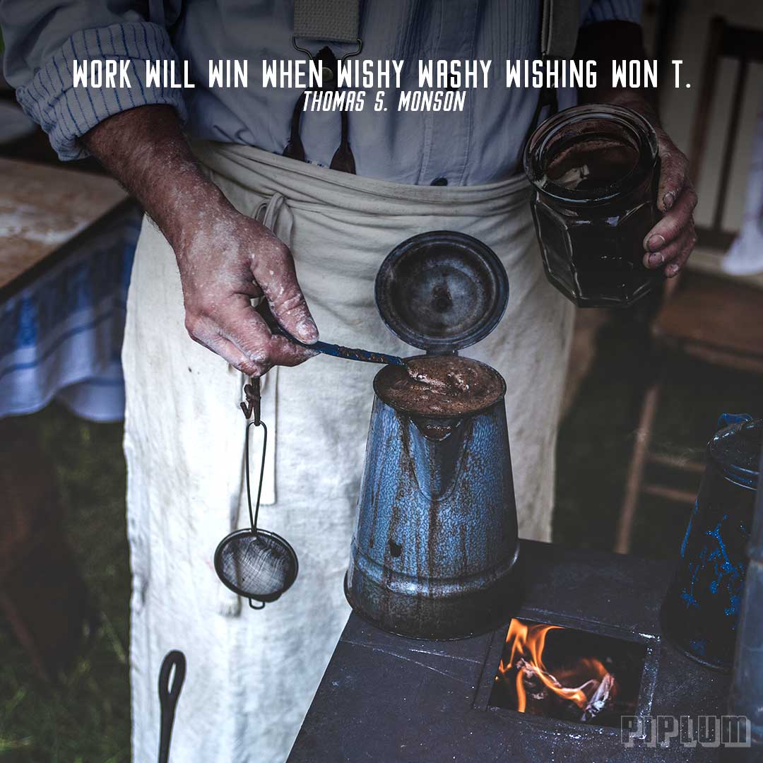 Work quote. Old man making hand made coffe.