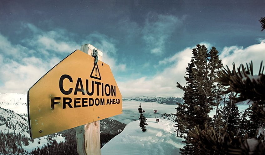 Caution-Freedom-Ahead-Inspirational-Quote-mountains-for-ski-board-skier-slides-blades-adrenalin-redbull