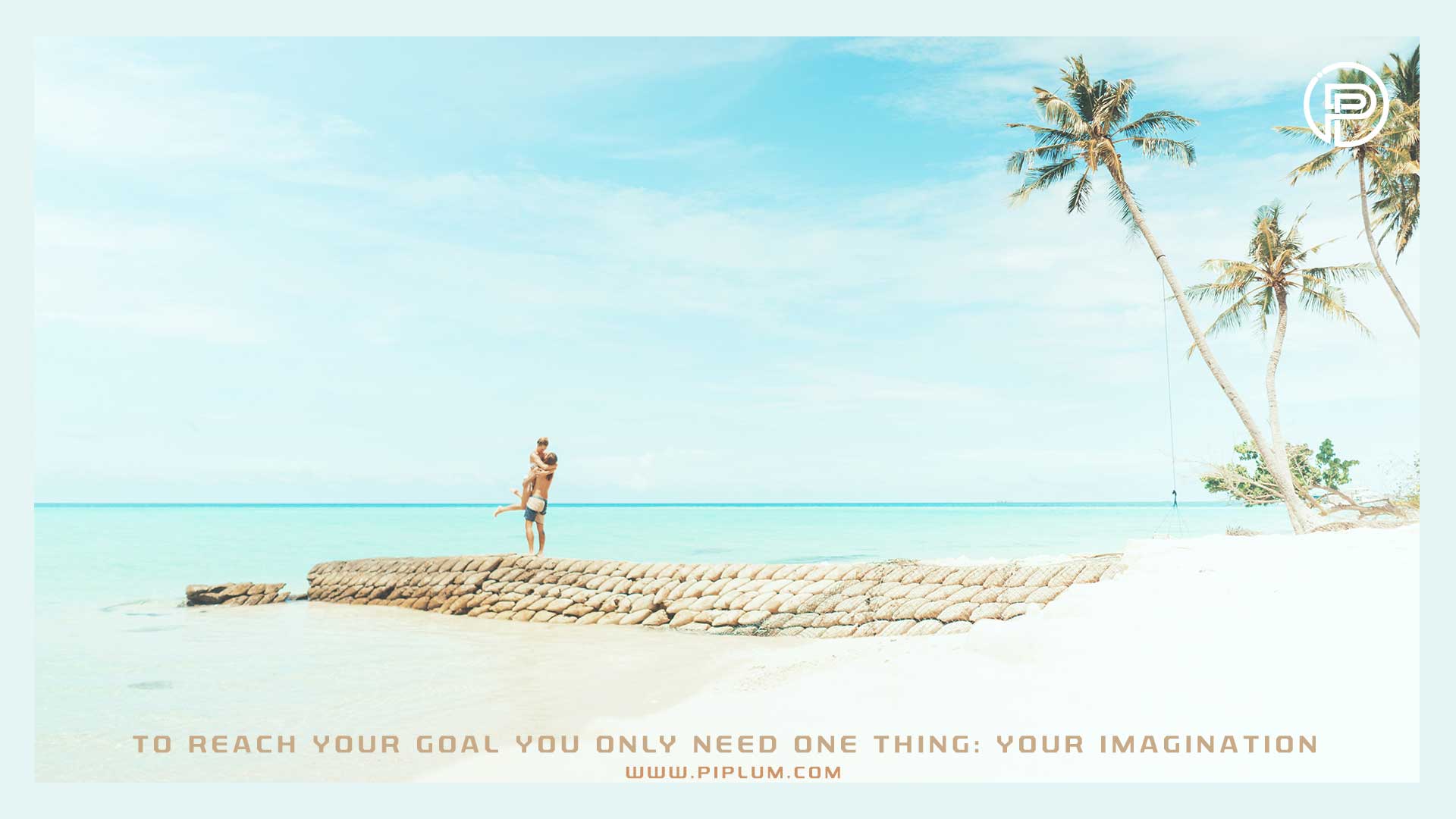 To-reach-your-goal-you-only-need-one-thing-your-imagination-Motivational-quote-beach-couple-palms-blue-sky-paradise