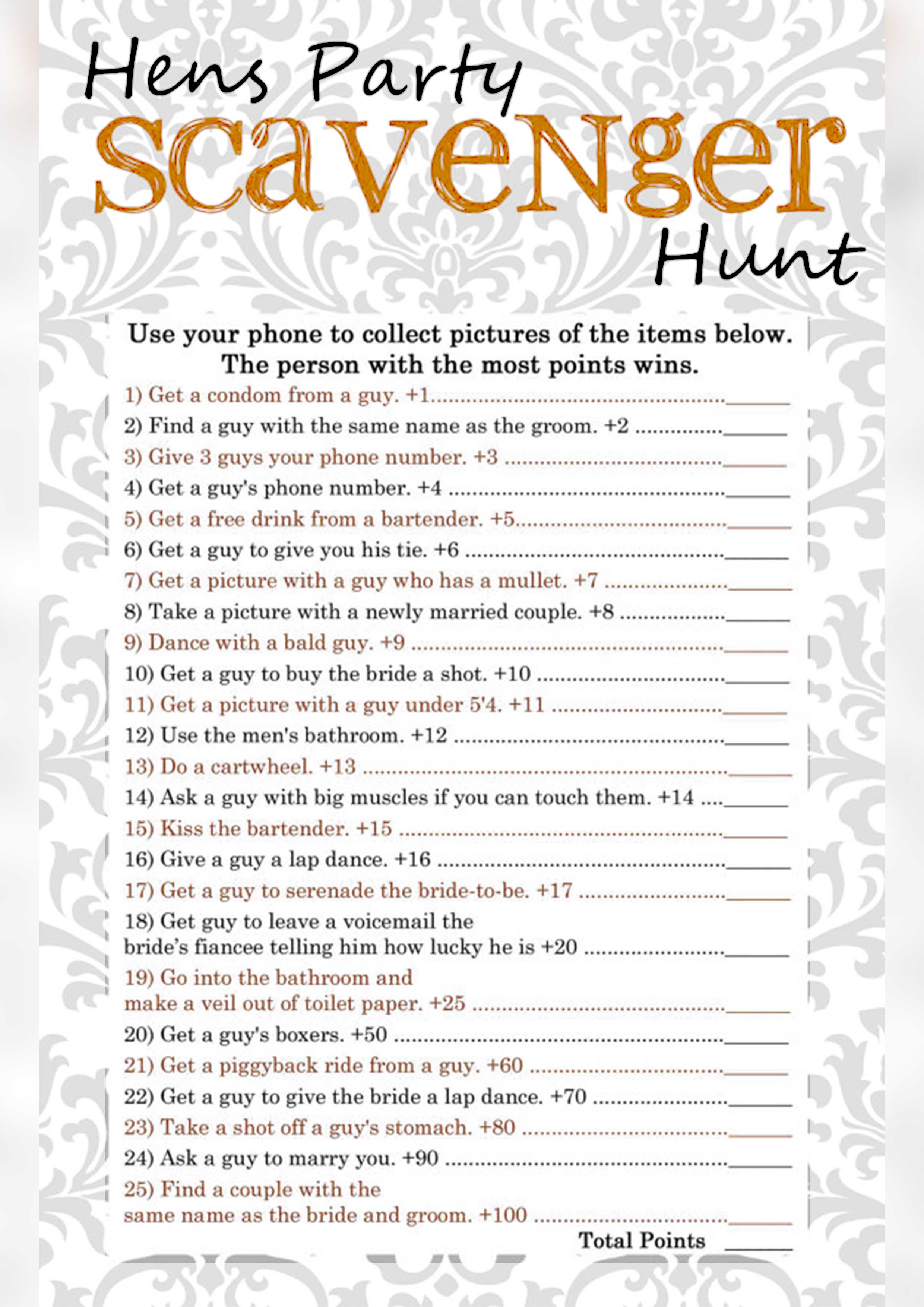 Bachelor party tasks and ideas. Scavenger hunt for Hens. Printable poster. mens-Bachelor-party tasks-ideas-using-phone-scavenger-hunt-tips-how-to