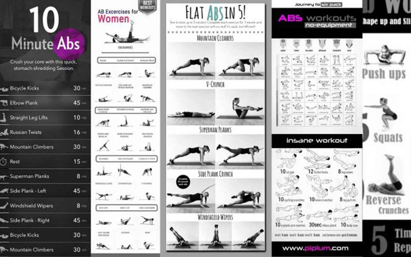 A Six-pack. AB Exercises With No Equipment for Women. Posters.