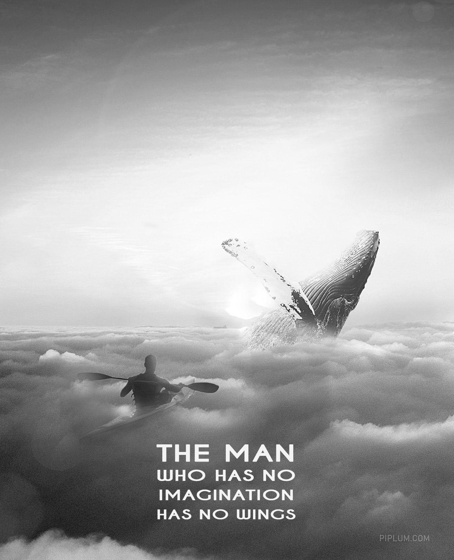 The man who has no imagination has no wings life-quote-above-the-clouds-whale-in-the-sky-man-with-kayak-in-front-of-it-photo-manipulation-famous-people-saying