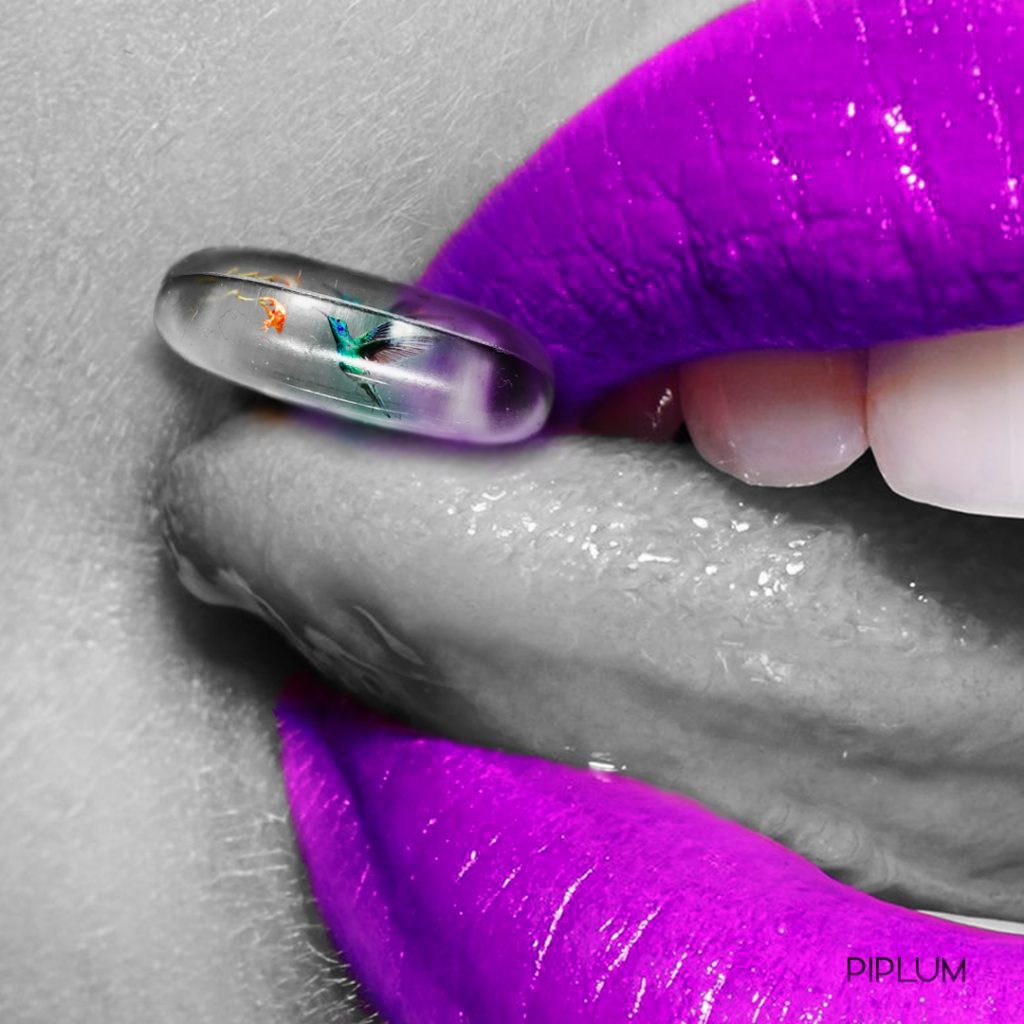 A pill of beauty. Photo manipulation. A-pill-of-beauty-photo-manipulation-purple-lips-swallowing-a-pill-with-a-hummingbird-photo-manipulation-purple-lips-art