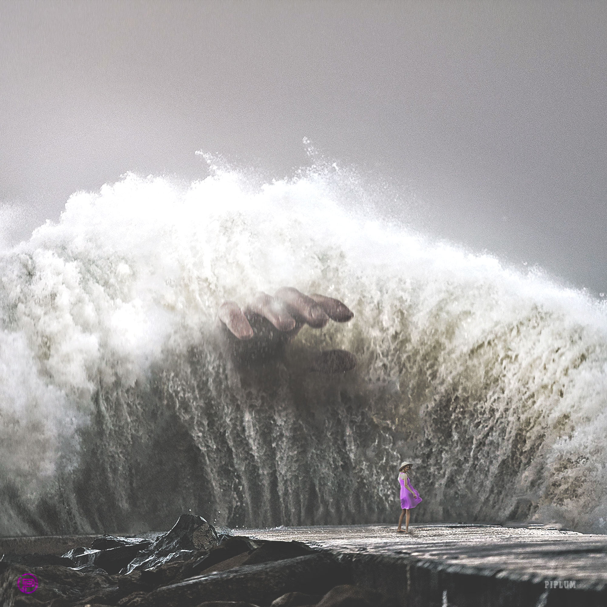 Global warming girl hits a careless girl with a purple dress. Piplum. global-warming-wave-hit-girl-with-a-purple-dress-surreal-photography-photo-manipulation-cunami-storm-ocean
