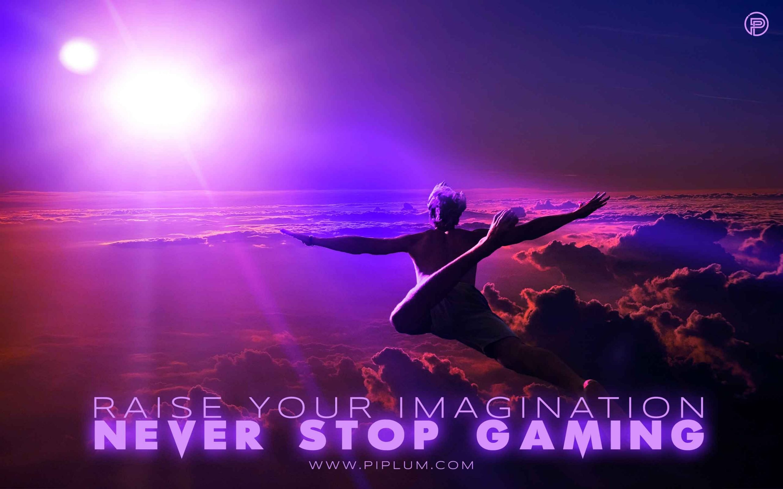 Raise your imagination. Never stop gaming. Virtual reality quote. Raise-your-imagination-Never-stop-gaming-Virtual-reality-quote-man-flying-above-the-clouds