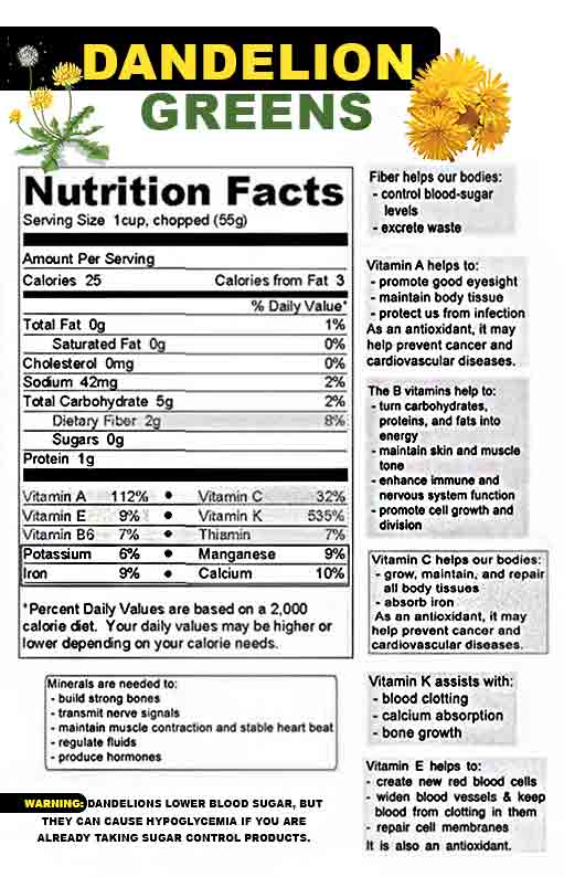 Dandelion greens nutrition facts. 