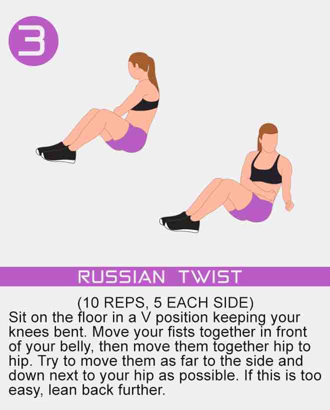 Sit on the floor in a V position keeping your knees bent. Move your fists together in front of your belly, then move them together hip to hip. Try to move them as far to the side and down next to your hip as possible. If this is too easy, lean back further. russian-twist-ab-exercise-with-no-equipment-for-women