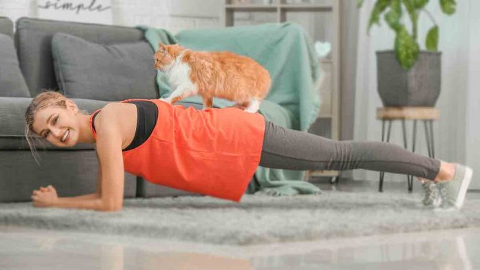 Ab exercises might be fun sometimes, especially at home. Women-at-home-smiling-when-doing-short-beginner-abs-exercises-with-no-equipmen