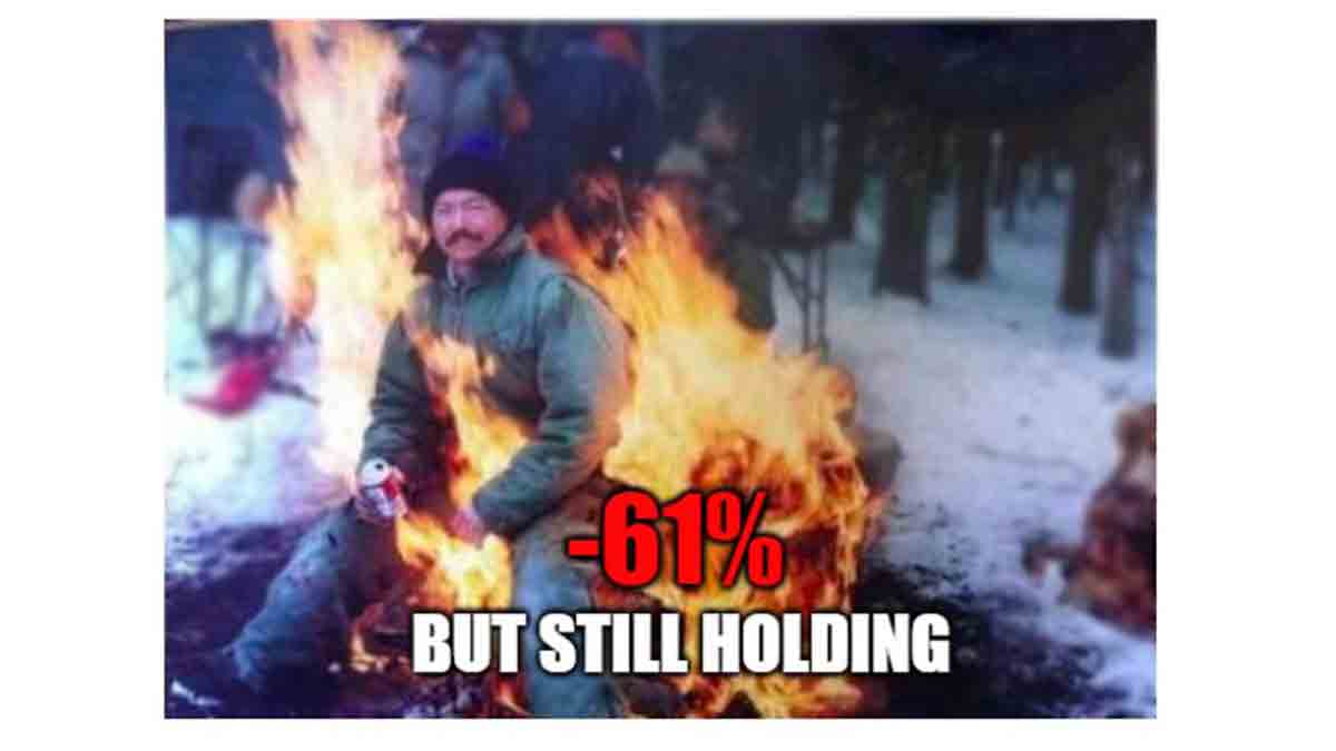 ''All in''. I put my life savings in crypto. Funny crypto meme. All-in-Funny-crypto-meme-Big-Dip-Burning-man-No-money