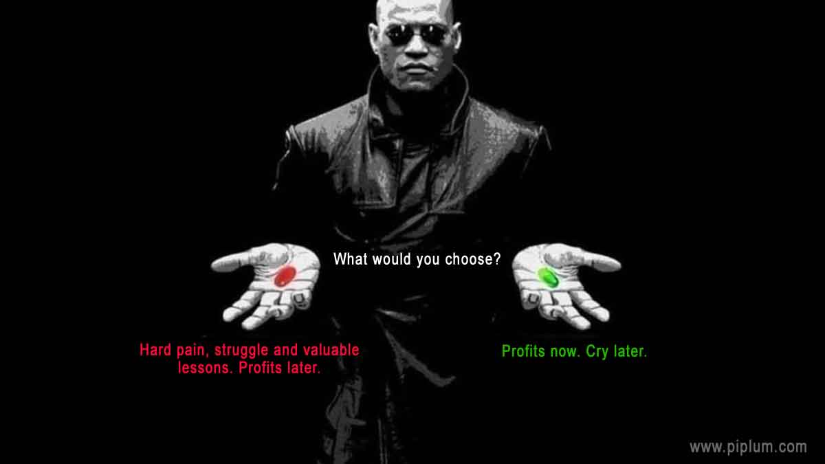 What would you choose? Hard pain, struggle, and valuable lessons with late profits or Instant profits and tears later? Crypto jokes, memes, and quotes to get you smiling. Hard-pain-struggle-and-valuable-trading-lessons.-Profits-now.-Funny-crypto-jokes-memes-pictures-and-quotes