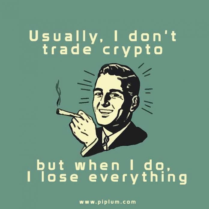 Losing money on trading crypto. Funny vintage poster about cryptocurrency. 