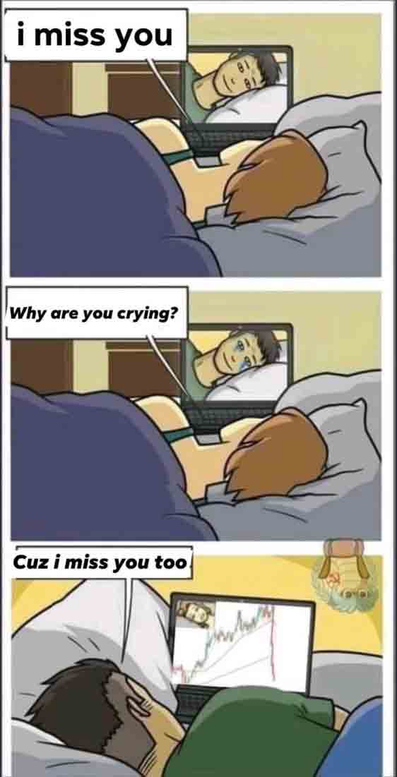 I miss you... Why are you crying? Cuz I miss You too. Funny Crypto Couple. couple-talking-in-the-different-beds-man-crying-for-crypto-price-drop-funny-situation