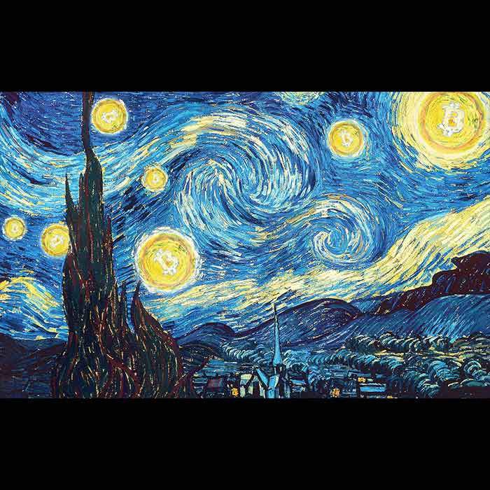 Bitcoin art. Bitcoin-art-blue-sky-painting