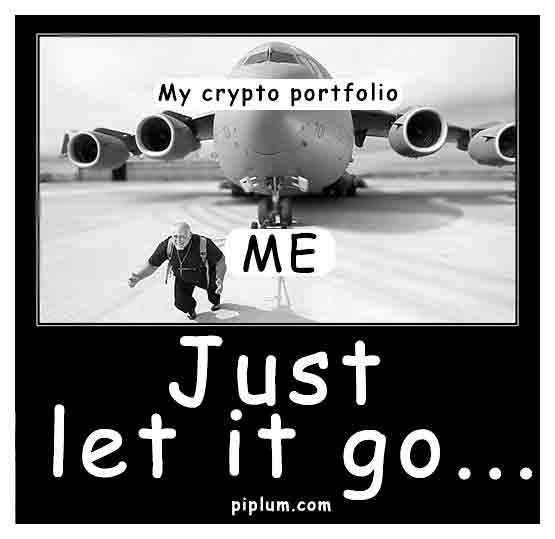 Just let it go... Dragging your crypto portfolio with you no matter what. Inspirational crypto quote. Dragging-crypto-portfolio-with-you-no-matter-what-funny-picture-with-plane