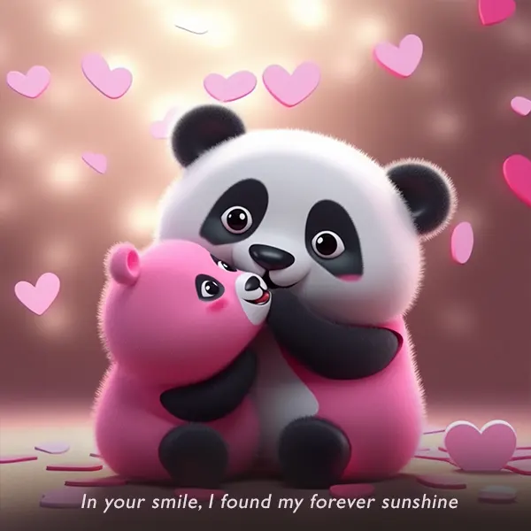 In your smile, I found my forever sunshine. Super cute pandas in love. Quote picture. 