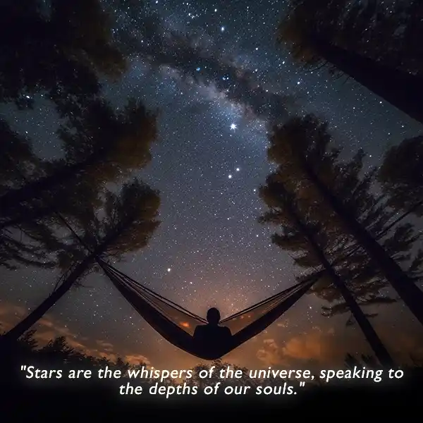 "Stars are the whispers of the universe, speaking to the depths of our souls." Star-gazing quote. 