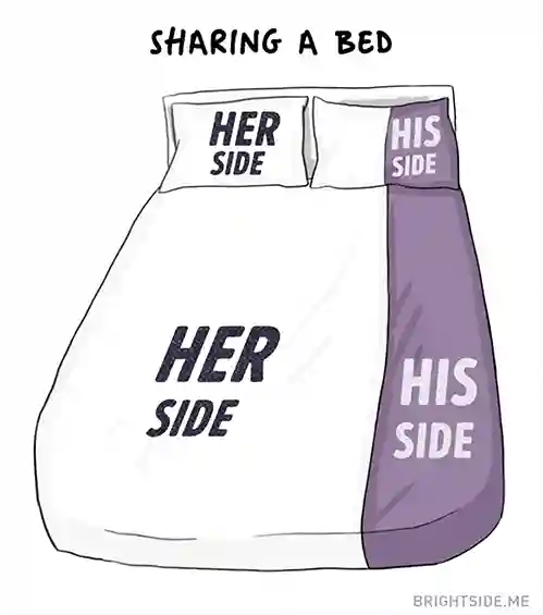 Sleeping habits, space usage, and preferences can vary widely among individuals, regardless of gender. The key to a harmonious night's sleep is open communication and finding a comfortable compromise that works for both partners.